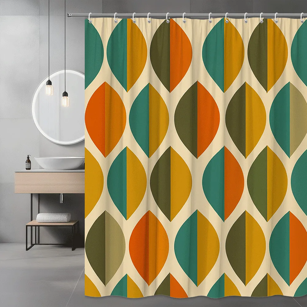 Retro Leaf Pattern Shower Curtain Orange Green and Mustard Colors Mid Century Modern Design Decor Waterproof Elevate Your Space