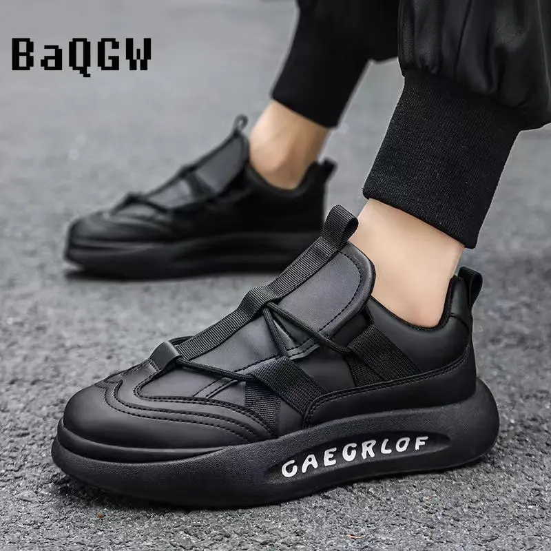 Zapatillas de correr informales para hombre, zapatos de cuero a la moda, con bloque de Color, transpirables, de lujo, gruesas, con plataforma aumentada en altura