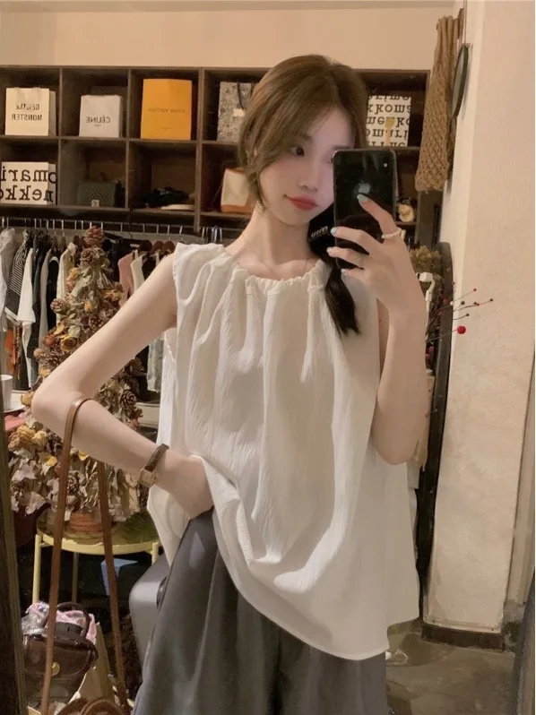 

Korean Style Chic Simple Pure Color Loose Women's Tank Top Slimming Belted Sleeveless Vest Trendy Summer Commute Fashion