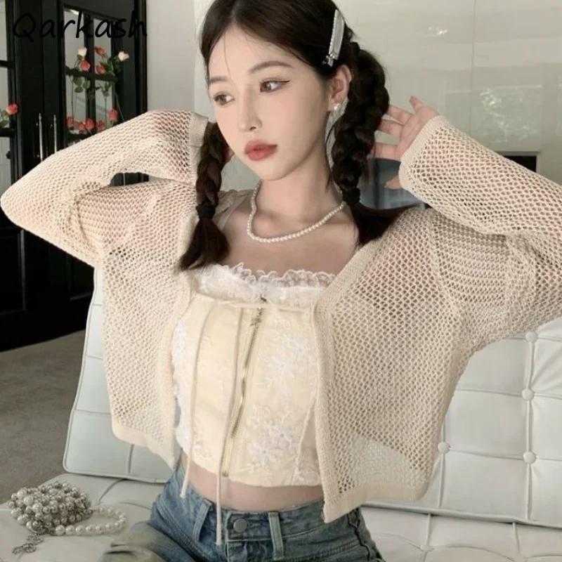

Sun-proof Jackets Women Casual Hollow Out Lazy Fashion Crop All-match Korean Style Knitted Mujer Temper Simple Classic Outwear