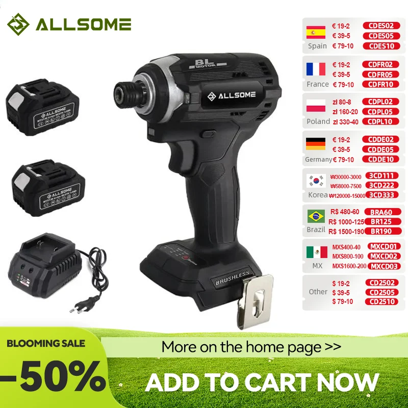 ALLSOME 브러시리스 무선 1/4, 20V 나사 비트 포함 육각 3 단 임팩트 드라이버, 18V 마키타 리튬 배터리용