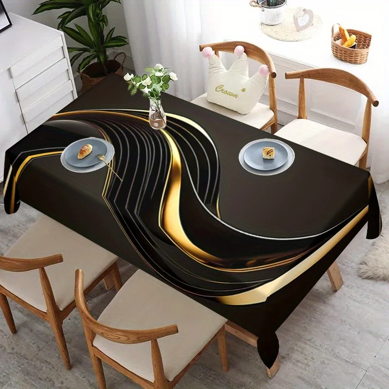 A modern and elegant tablecloth, featuring black and gold artistic stripes, is suitable for a restaurant.zyc
