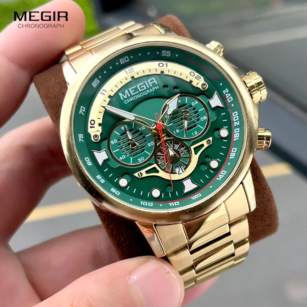 MEGIR Men's Watch Fashion Waterproof Chronograph Quartz Wristwatch with Auto Date Stainless Steel Strap Luminous Hands 24-hour