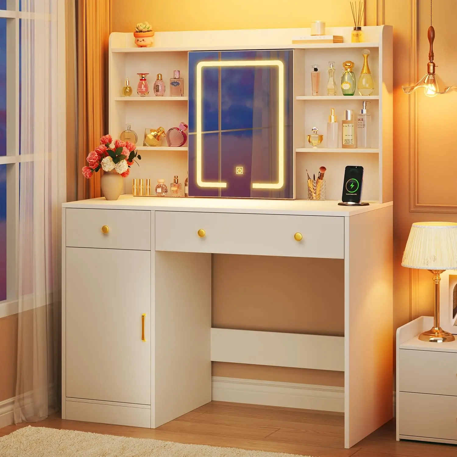 

Туалетный столик с зеркалом и подсветкой, 37-дюймовый туалетный столик с LED-зеркалом, розеткой, белый туалетный столик с местом для хранения