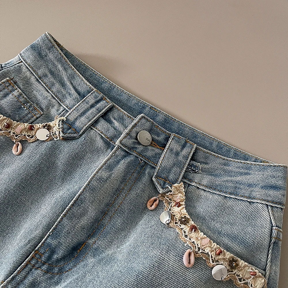 Women Casual A-Line Denim Short Skirt Vintage Solid Color High Waist Pockets Beach Holiday Party Skirts for 18-24 Years Old