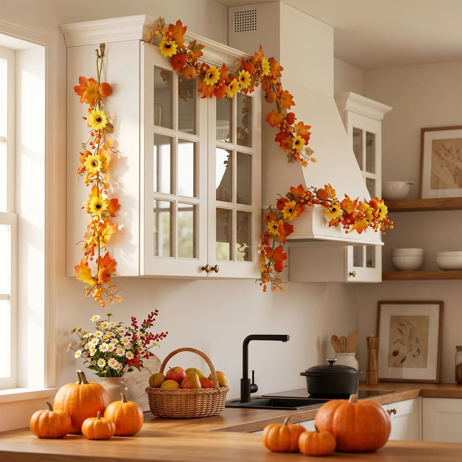 Thanksgiving Mantle Scarf Autumn Harvest Vine For Thanksgiving Gathering Bendable Iron Wire Core Plush Flocking Pumpkins