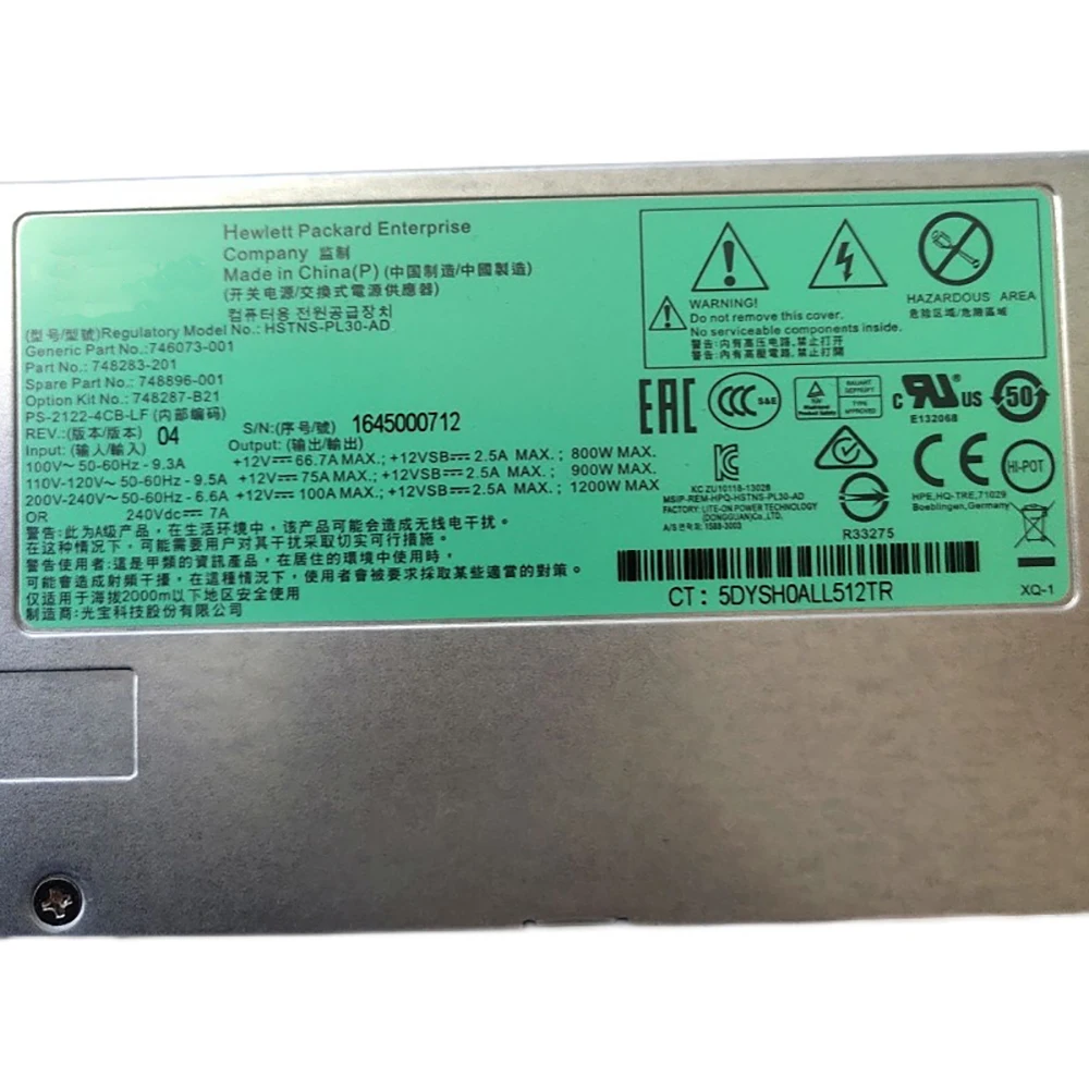 HSTNS-PL30-AD For DL580G9 Server Power Supply 748283-201 748287-B21 748896-001 1200W