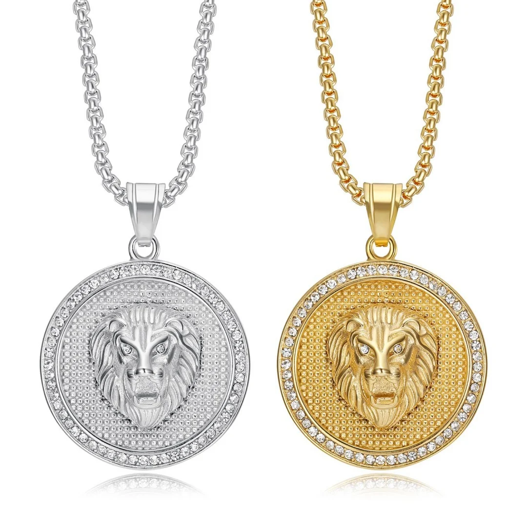 

Vintage Fashion Animal Lion Head Pendant Gold Silver Color Stainless Steel Iced Out Tennis Round Necklace for Woman Man Jewelry