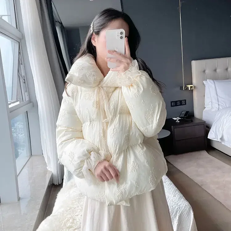 2024 Anti-season Lace Elegant Loose Down Jacket Female White Korean Version Short Thick Coat Парка Женская Зимняя