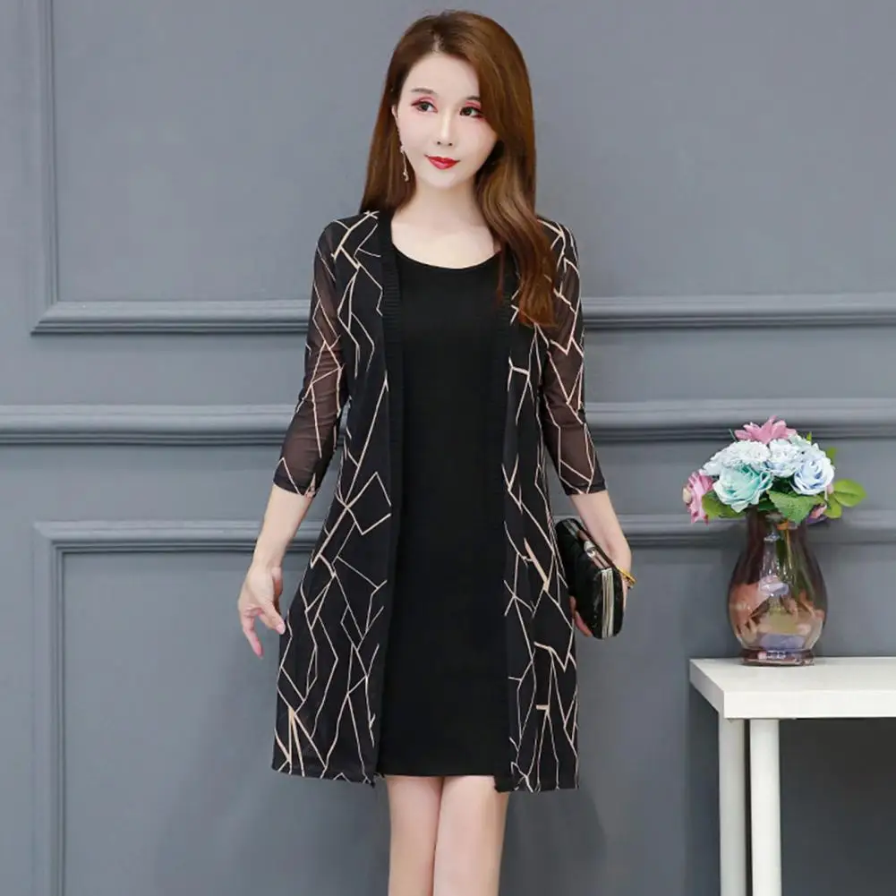 Women Cape Coat Perspective Anti-UV Dress Cardigan 3/4 Sleeve Open Front Mid-length Cover Up Flower Print Lace Sunscreen Coat