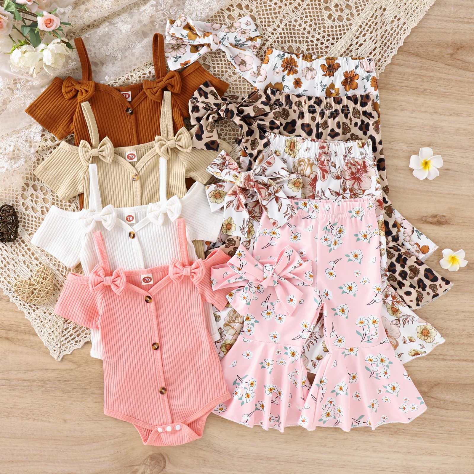 Summer Baby Girls Clothing Sets 4 Colors Ribbed Off Shoulder Short Sleeve Button Bodysuits+Floral Flare Long Pants+Headband