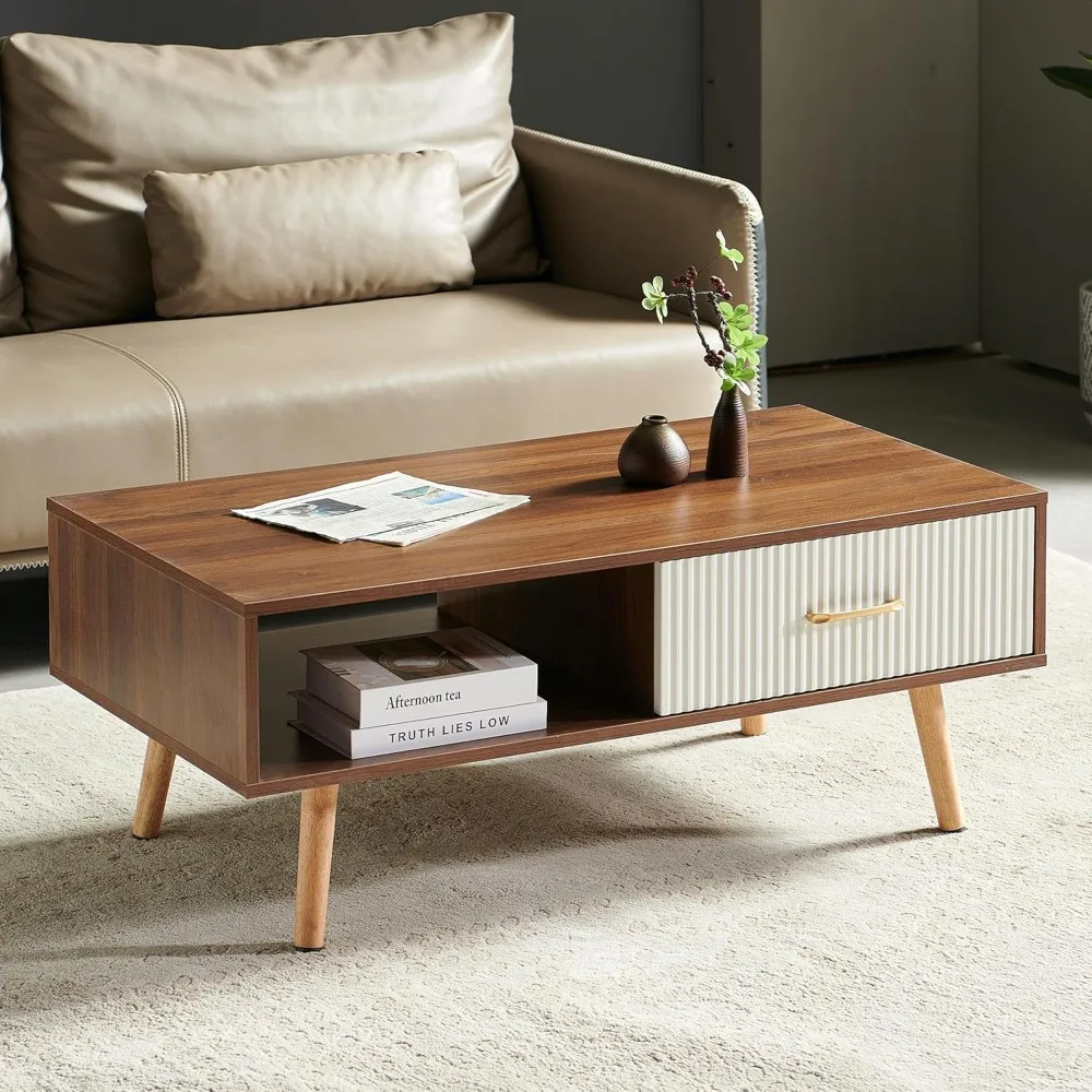 

Mid Century Wooden Coffee Table with Stripe Drawer，Modern Large Center Table with Storage，Rectangular Walnut Wood Coffee Tables