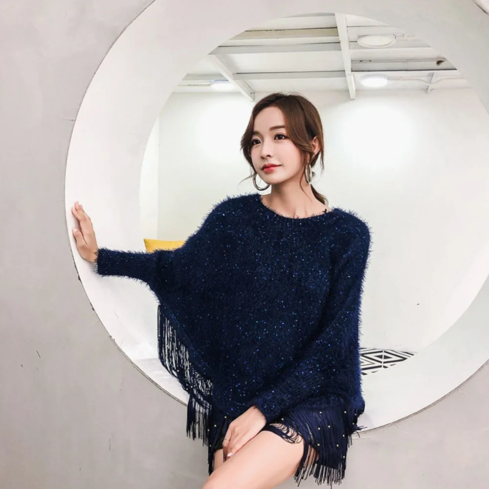 Autumn Winter Knitted Cape Shawl Fashion Sequined Tassel Loose Pullover Sweater Thicken Jacket Bat Shirt Top Ladies Poncho Cloak