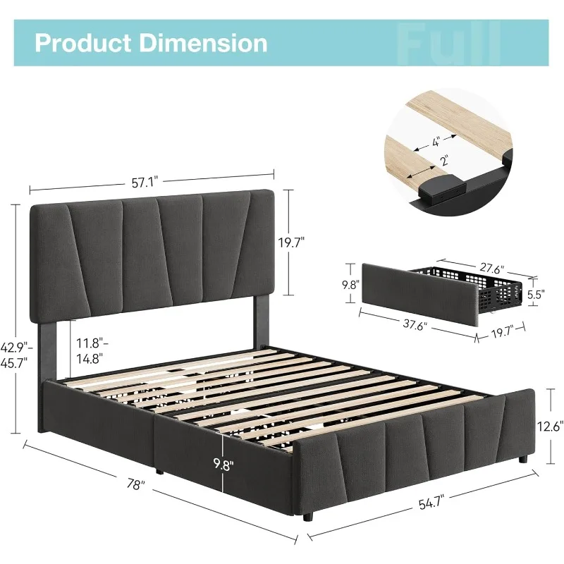 Struttura letto con testiera regolabile e 4 cassetti portaoggetti, struttura letto completa con piattaforma imbottita morbida con doghe in legno