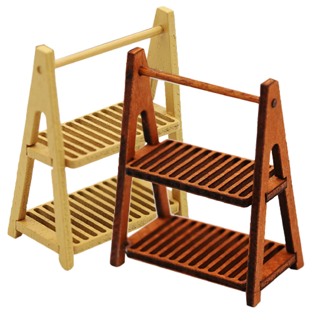 

2 Pcs Mini House Adornments Landscaping Decor Decorative Bread Rack Double Layer Stand Children Miniature Furniture Wood Toy