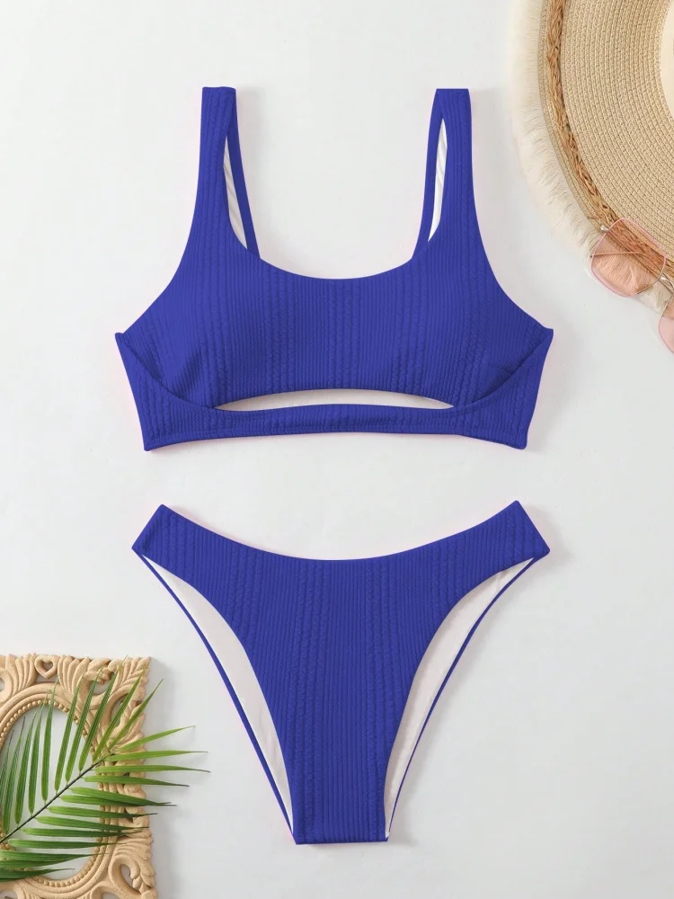 Bikini para mujer, traje de baño 2025, nuevo conjunto de Bikinis con tirantes acanalados lisos, traje de baño Sexy con Tanga, ropa de playa de dos piezas para verano, traje de baño para mujer