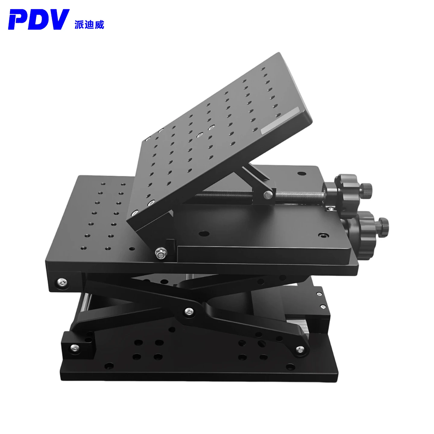 Manual two-dimensional combination table with lifting and tilting function. Travel distance: 200mm. Tilting range: 0 - 90°