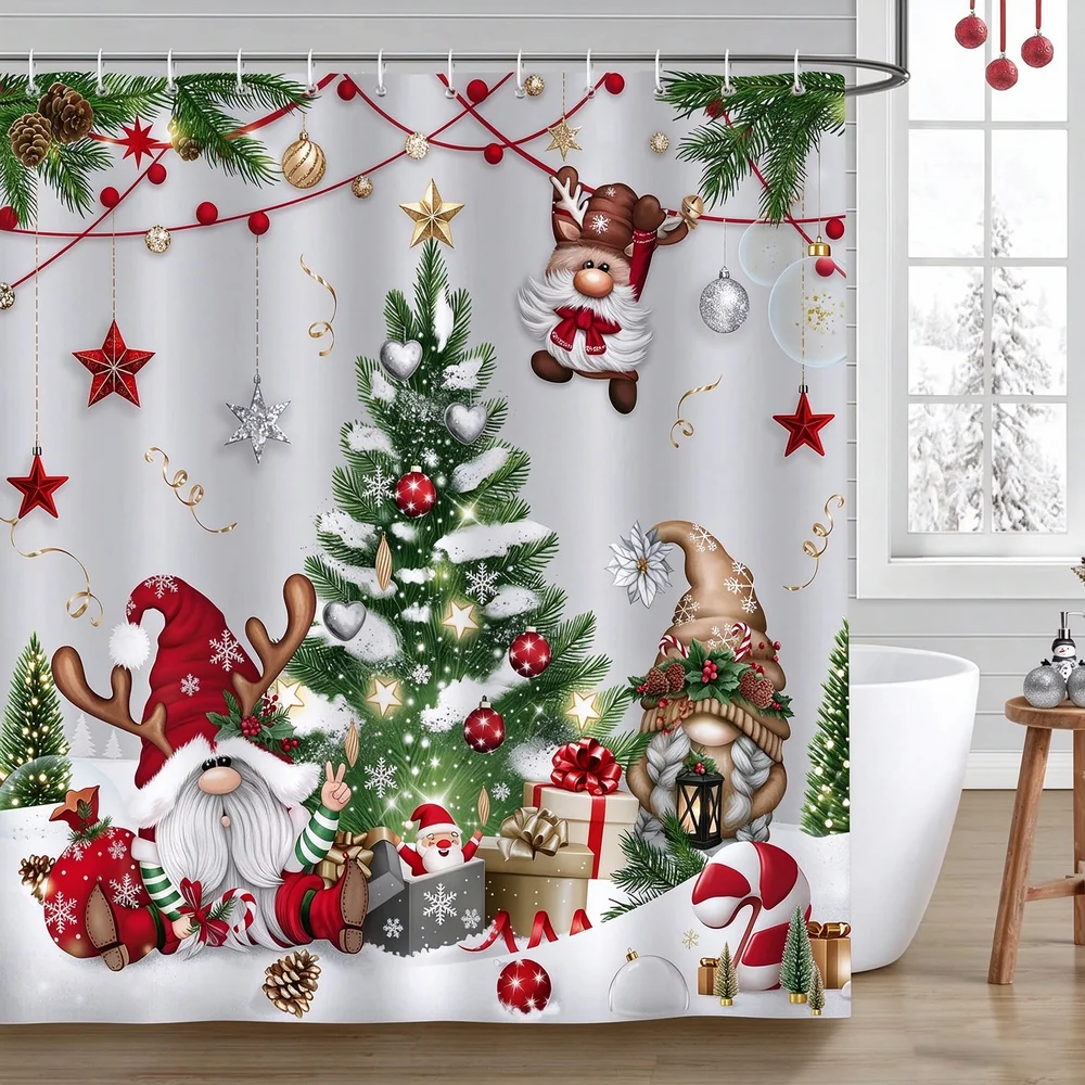 Cartoon Snowflake Snowman Shower Curtains , Merry Christmas Deer Pine Tree Santa Claus New Year Bathroom Decor Fabric Curtain