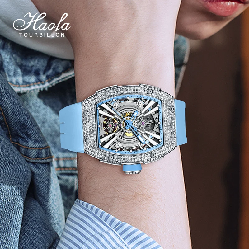 Haofa Luxury Automatic Mechanical Watch for Men Sapphire Self Wind Luminous Skeleton Watch Crystal Diamond Bezel Waterproof 1907