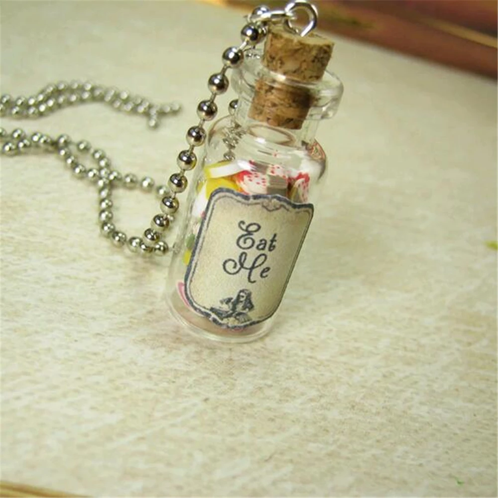 Eat Me Alice in Wonder land Glass Bottle Necklace Charm Cork Pendant Eat Me Drink Me Alice Wonder land Halloween