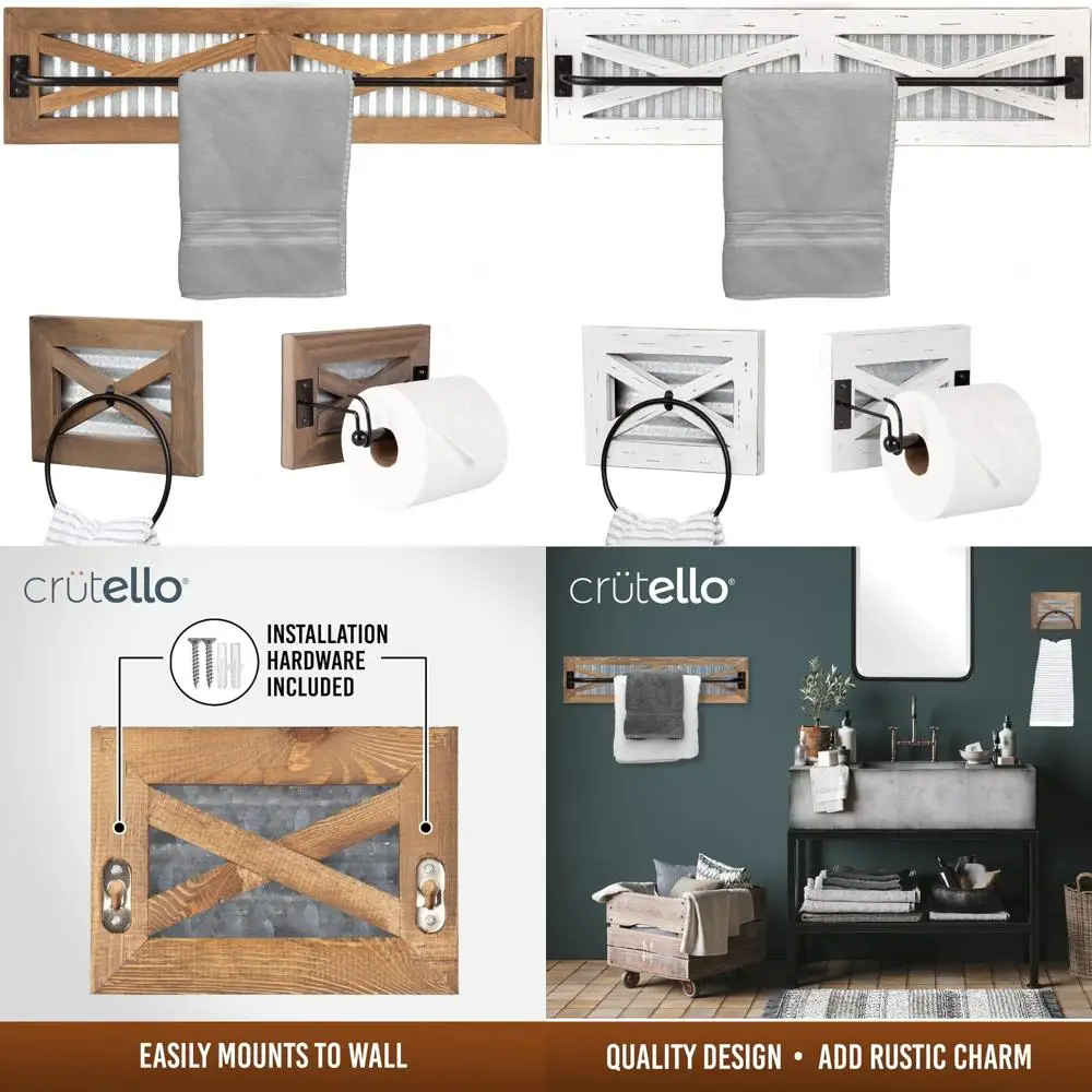 

Bathroom Wall Mounted Rustic Towel Bar Set with Toilet Paper Holder and Ring - Barnwood and Galvanized Finish, Perfect for Count