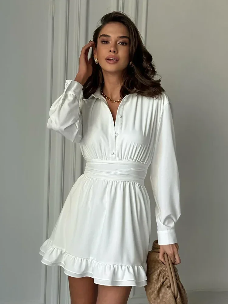 

TARUXY Fashion White Ruffled Dress Female Lapel Long Sleeve Mini Women's Dress Elegant Office High Waist Pleated Dress 2025 New