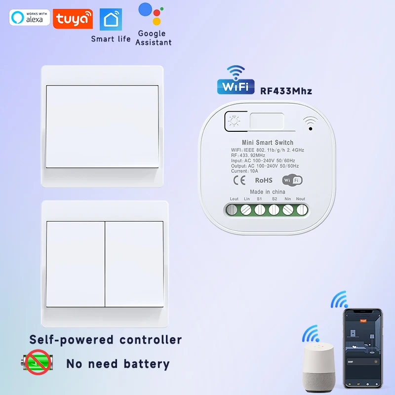 Smart Switch Home WIFI+RF433 Tuya App Remote Control Timer Switches No Battery Wireless Kinetic Switch Work with Google  Alexa