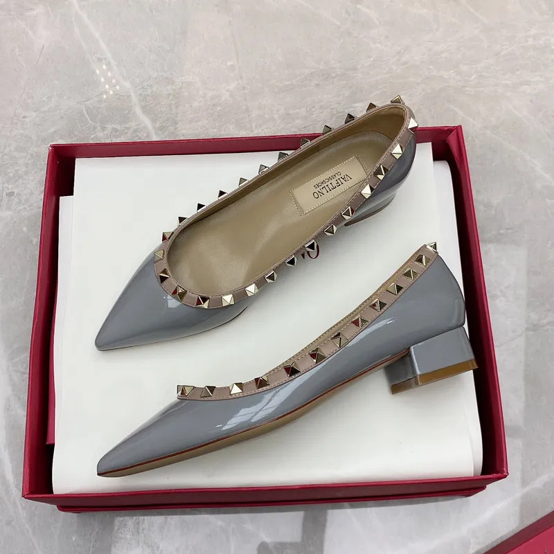 Nude Women Shoes Leather Luxury Brand Rivets High Heels Shoes Designer Pumps Pointed toe Casual Squar Heel Prom Ladies Shoes