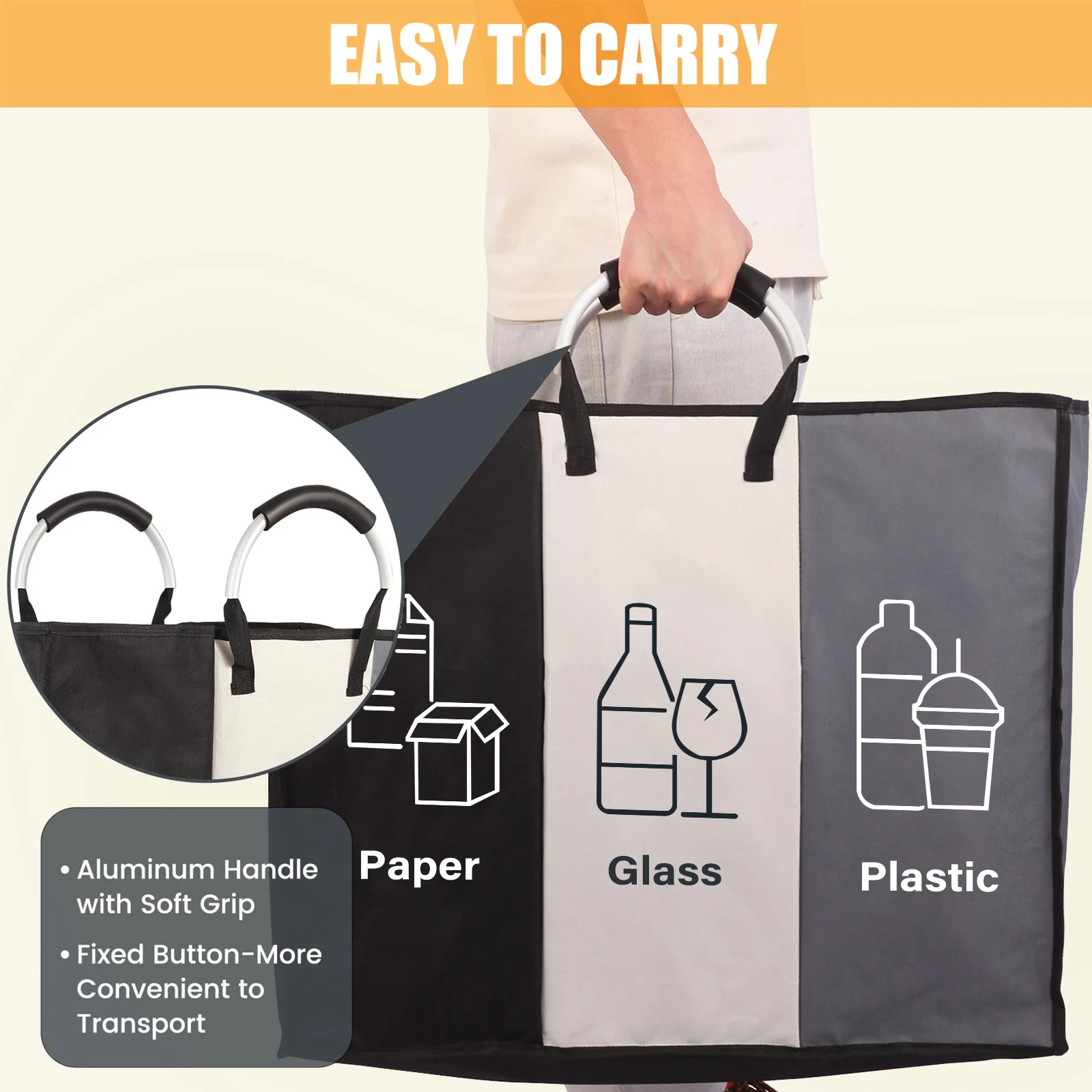 3 Compartments Recycling Bag, Deposit Bottle Collector Bin, Indoor Separate Recycle Hamper, Odor Resistant Sorting Storage Bag