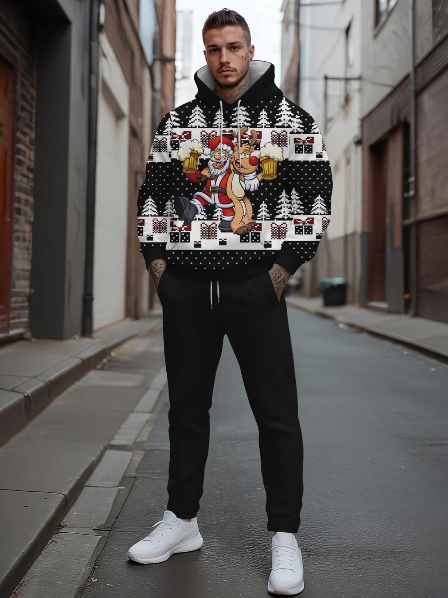 3D Santa Claus Printed Men's Hoodies Suits Christmas Reindeer Pattern 2-piece Sets Outdoor Street Hip Hop Party Unisex Clothing