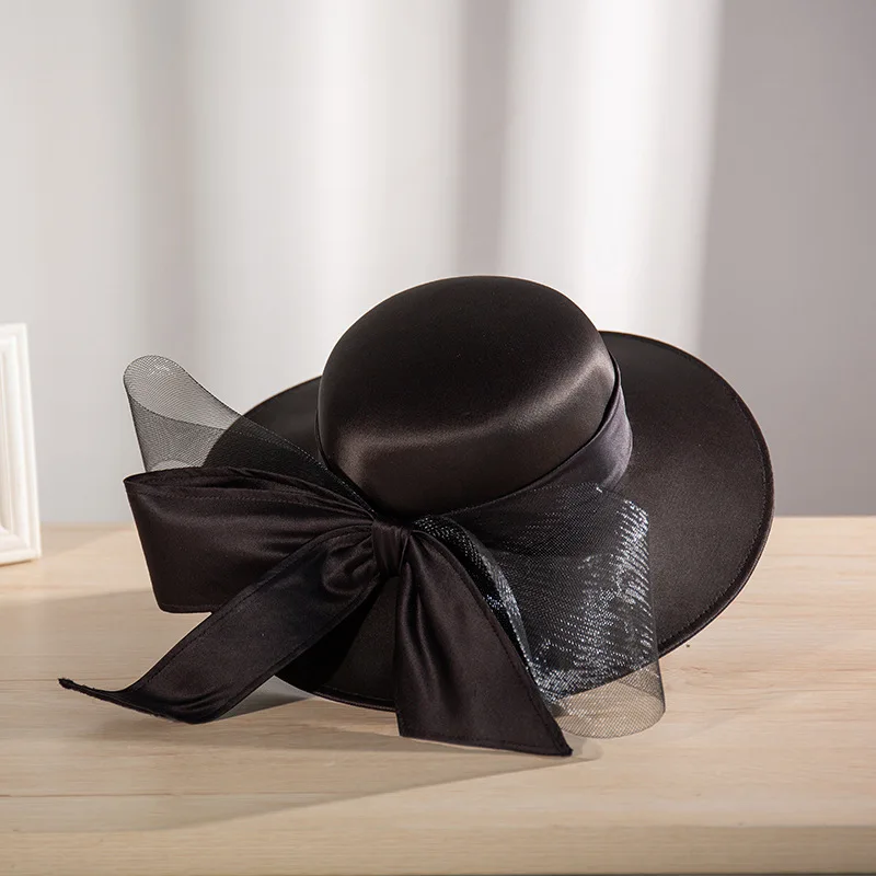 French White Bownot Satin Top Hat Women Banquet Elegant British Celebrity Dress Fascinator Bride Wedding Black Fedora Hat