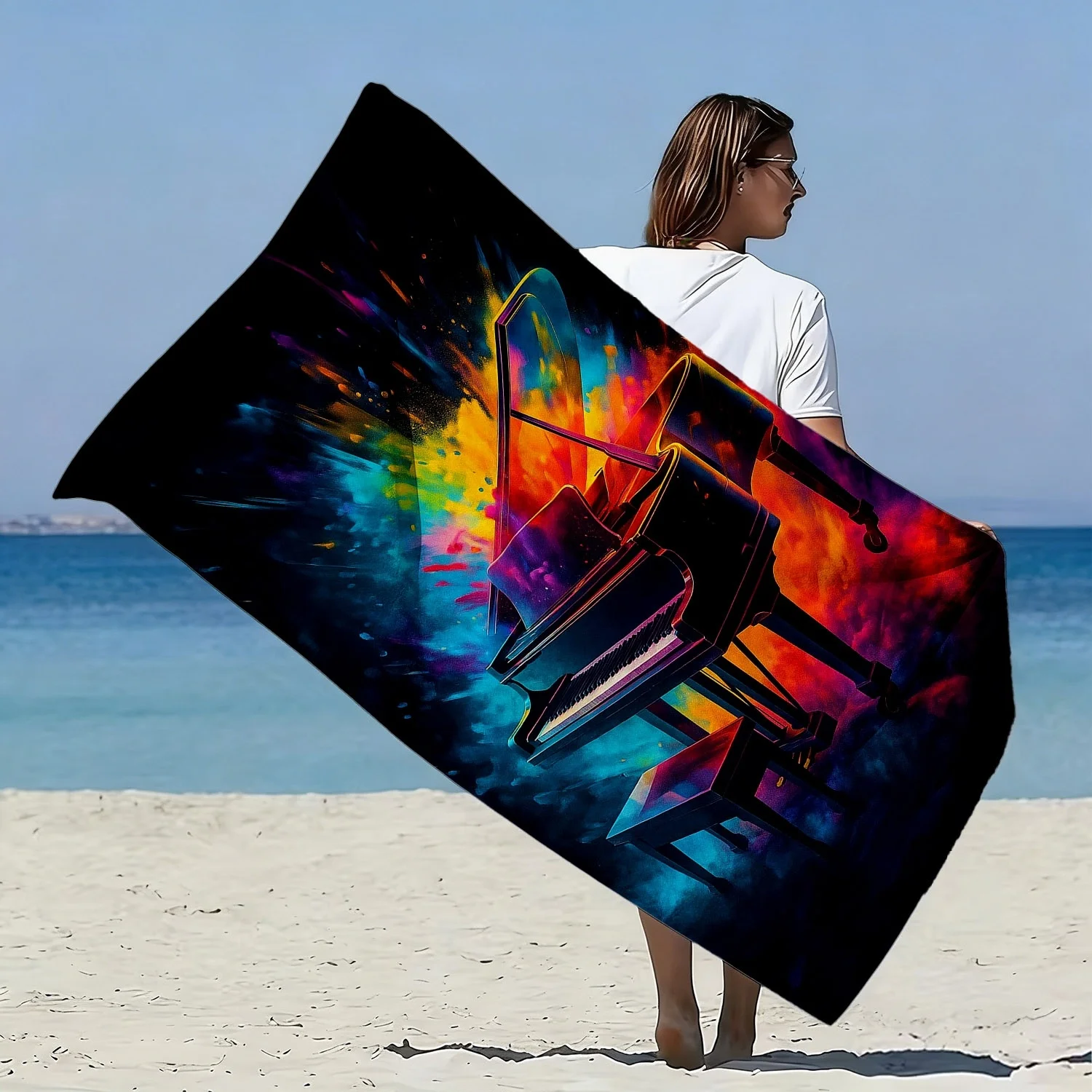 Piano-Themed Oversized Beach Towel with Music Note Piano Key Print Quick-Dry Microfiber Bath Towel Suitable for Pool Spa Travel