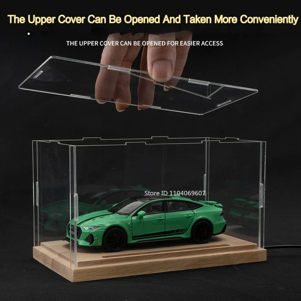 1:9 1:24 1:32 Scale Acrylic Glass Dust Cover Car Model Toy Show Box with LED Lights Wooden Base Transparent Plastic Display Box