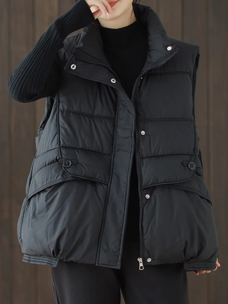 

Женский хлопковый жилет с воротником в стиле ретро, зимний 2026, с крупным карманом, простой, качественный, повседневный, художественный, в корейском стиле, свободного кроя, длинный, S...