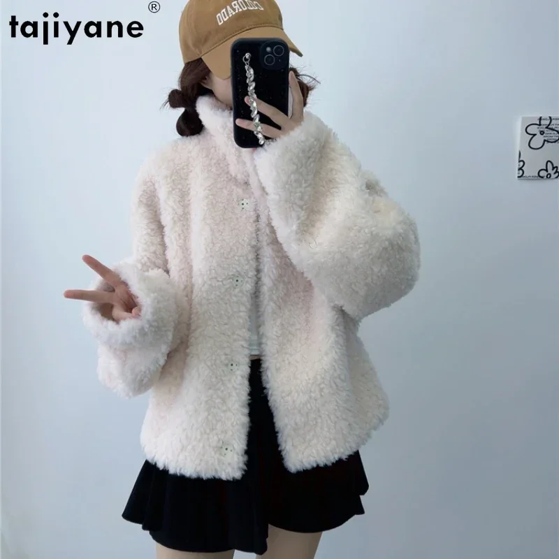 Tajiyane Sheep Shearing Jackets for Women 2023 Autumn Winter 100% Granular Wool Coat Short Fur Coat Stand Collar Abrigos Mujer