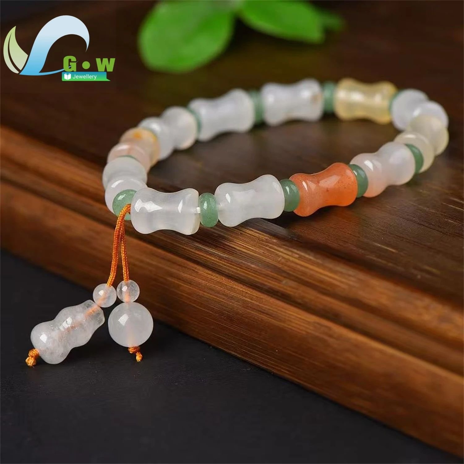 Natural Gold Sheen Jade Bamboo Joint Bead Bracelet Gourd Pendant Rising Symbol Handmade Unisex Retro Ethnic Style Jewelry Gift