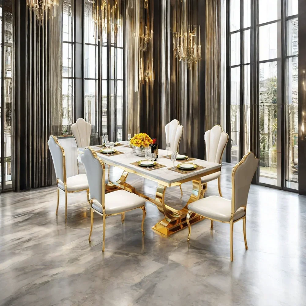 أطقم غرفة طعام فاخرة من الفولاذ المقاوم للصدأ لعام 2022، طاولة طعام حديثة مكونة من 6 كراسي للمطبخ وطاولة طعام للفنادق على طراز المطاعم #6
