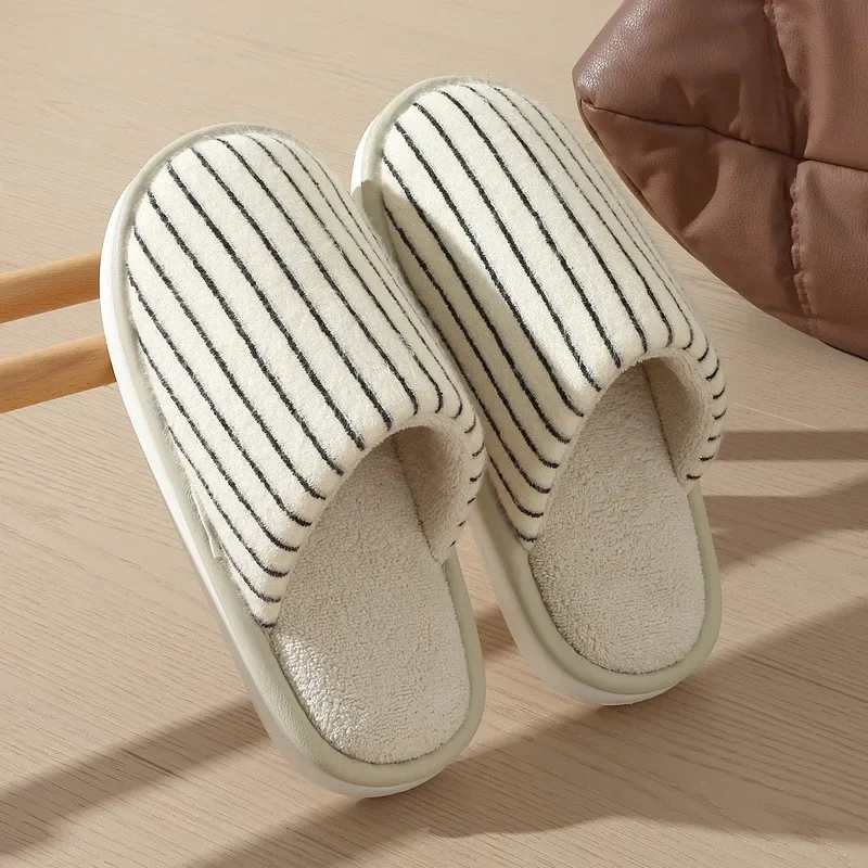 

Autumn Winter Men Slippers Striped Casual Fluffy Slipper Soft Furry Flats Women Plush Slides Non-slip Couples House Cotton Shoes