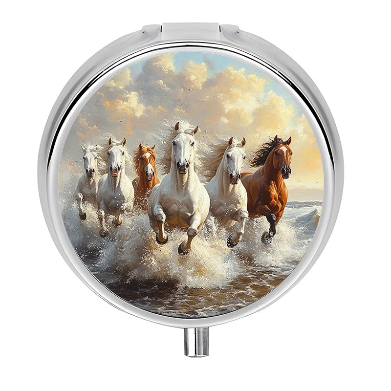 Single piece, flat, round three-compartment box, artistic circular design, featuring a horse motif, metal box for storage and organization, charming and practical, made of durable metal and plastic