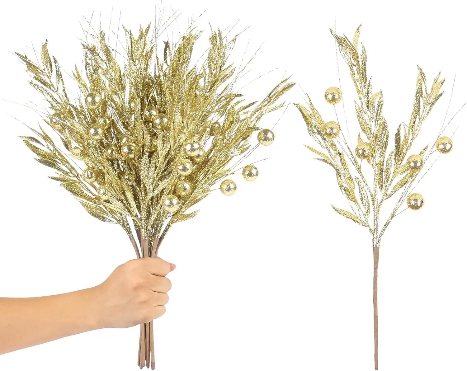 10PCS Gold Christmas Tree Decorations, Artificial Glitter Berry Branches for Tree, Vase Filler, Holiday Home Decor