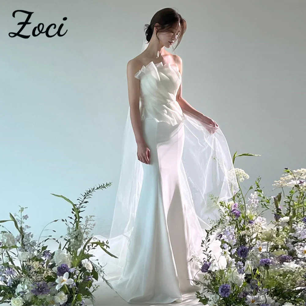 

Zoci Modern Scalloped Korea Wedding Dresses White Mermaid Organza Photos Shoot Dress Customized Bow Corset Back Long Bridal Gown