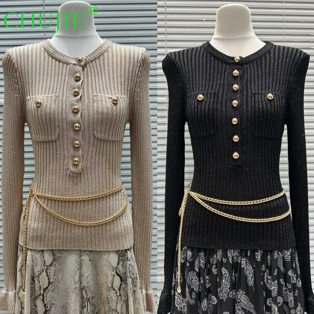 

CHUJIE 2022, осенний новый французский элегантный модный однобортный вязаный топ с круглым вырезом и цепочкой на талии