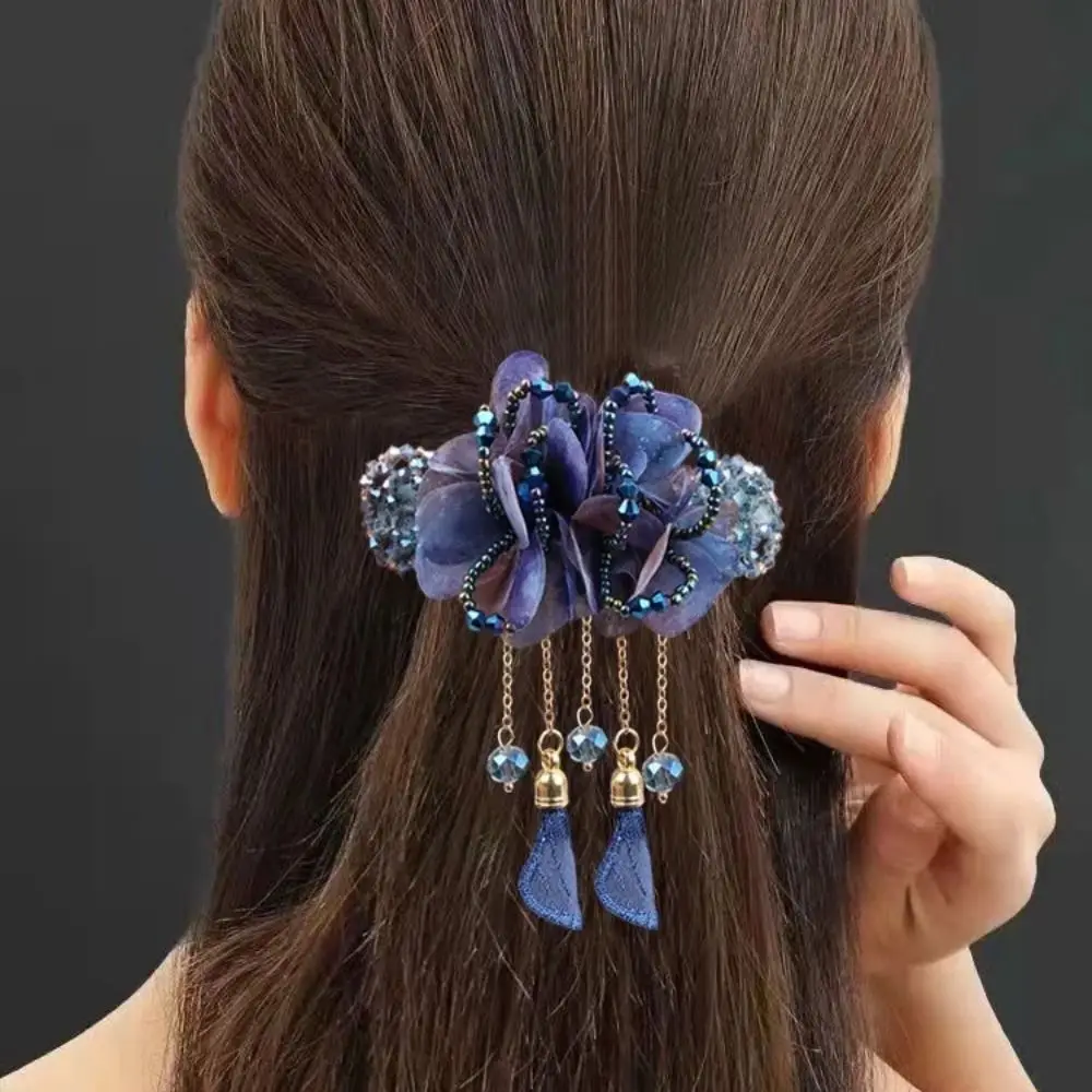 

Retro Fashion Crystal Headwear Elegant Yarn Flower Tassel Hairpin Back Spoon Spring Clip Jewelry Gift Women Hair Accessories