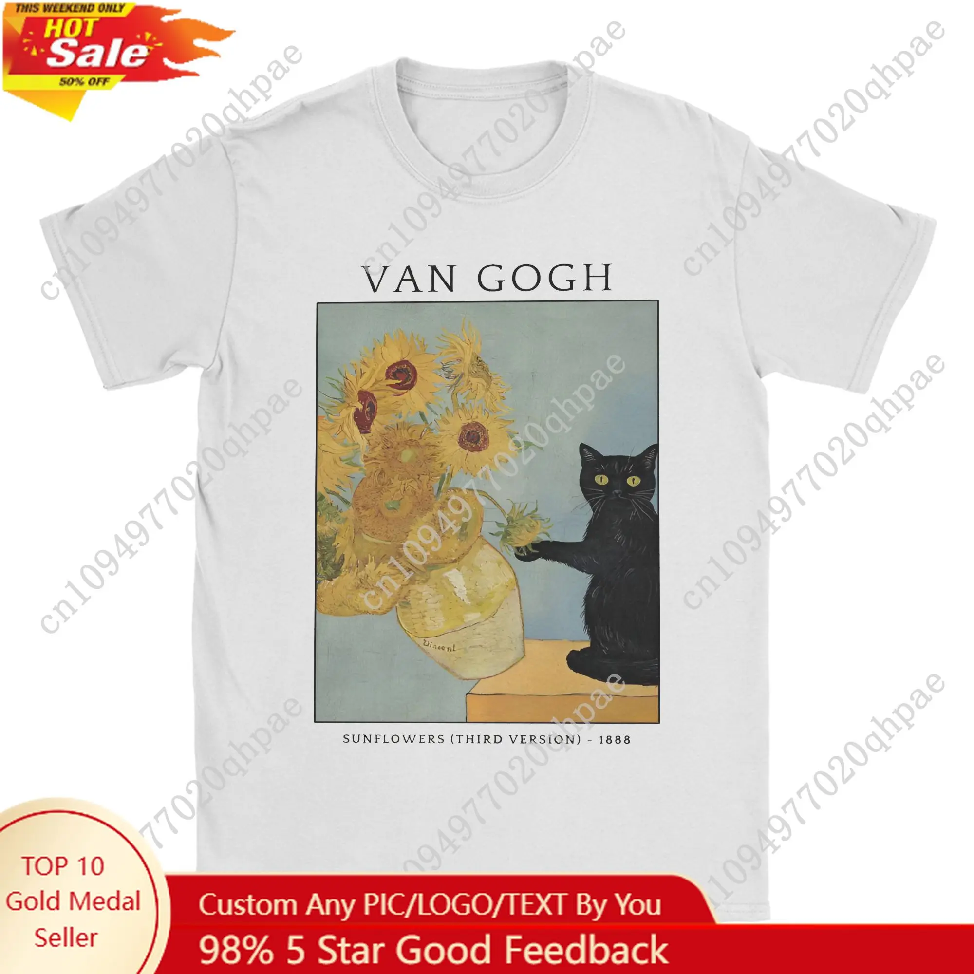 

Van Gogh Sunflowers Cat Funny T Shirts Men's Cotton Leisure T-Shirt O Neck Oil Painting Tees Short Sleeve merch Adult
