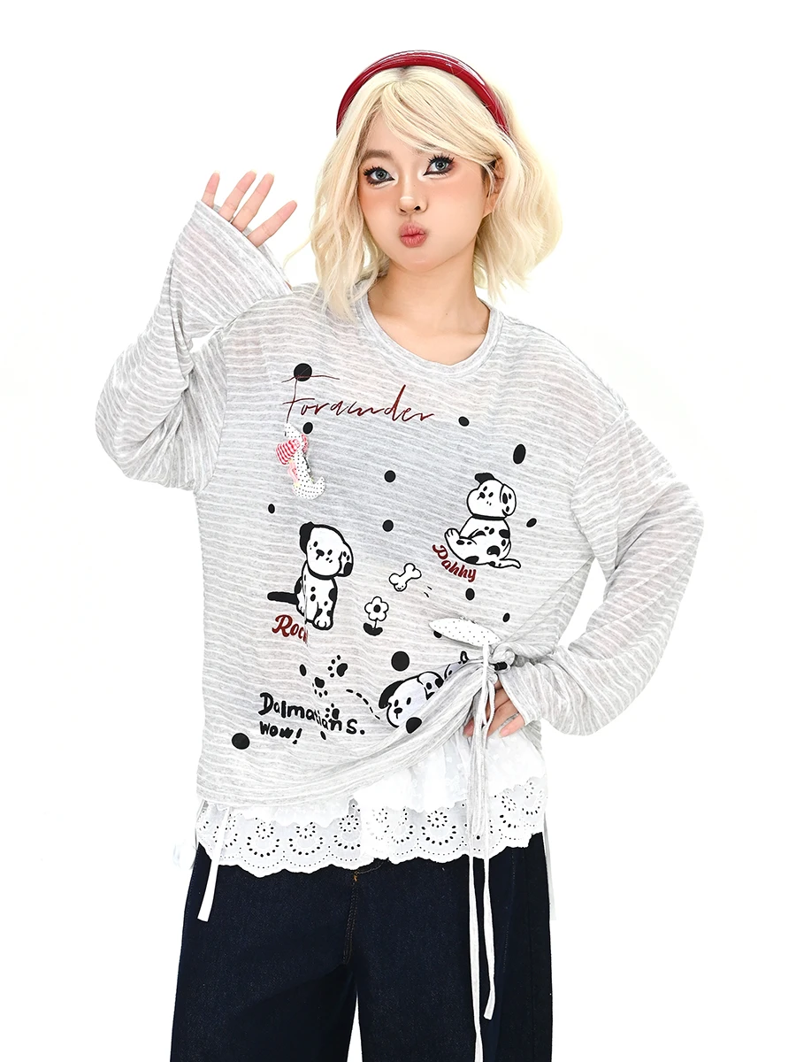 

Lazy Dog Print Long Sve T-irt Women's Loose BF American Sle Spring 2026 New Arrival Comfortable Breathable Casual Top