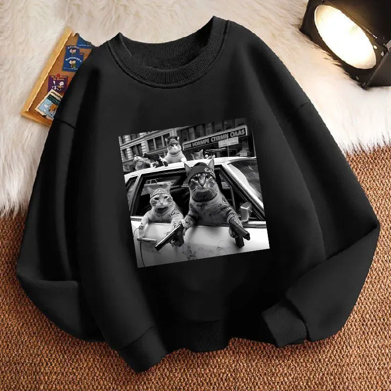 Streetwear Cat Funny Printed Funny Children's Sweatshirt Pullover Spring Crew Neck Graphic Print Hoodie Boy/Girl Kids Hoody