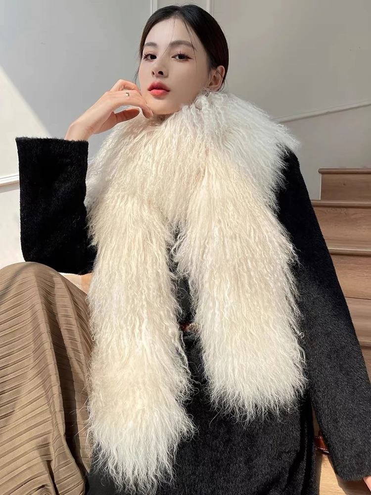 Female Winter Warm Real Mongolian Fur Solid Color Sheep Fur Scarf Fur Mom\'s Women Long Soft Real Fur Scarf