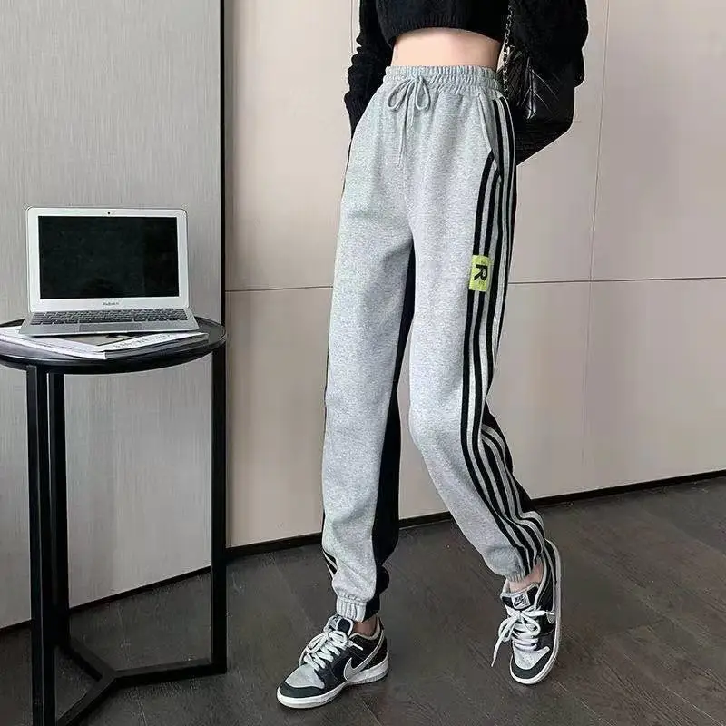 

New Casual Women's 2024 Autumn Patchwork Striped Ankle Elasticized High-waisted Pocket Loose Versatile Sports Harun Pants