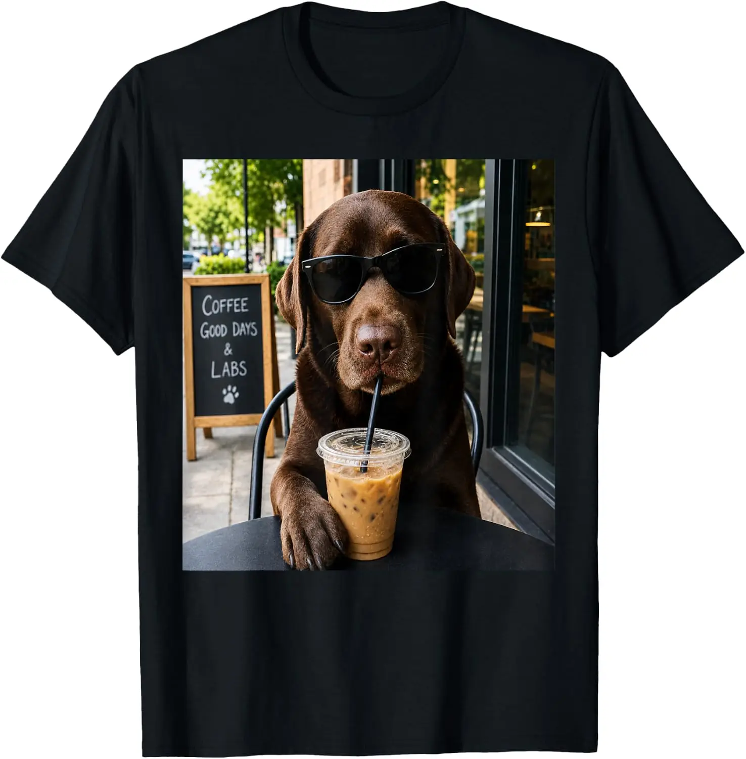 Chocolate Lab Coffee Funny Dog Cafe Lover Art T-Shirt 100% Cotton Trendy Y2K Short-Sleeve Tee-Soft, Quick-Drying,