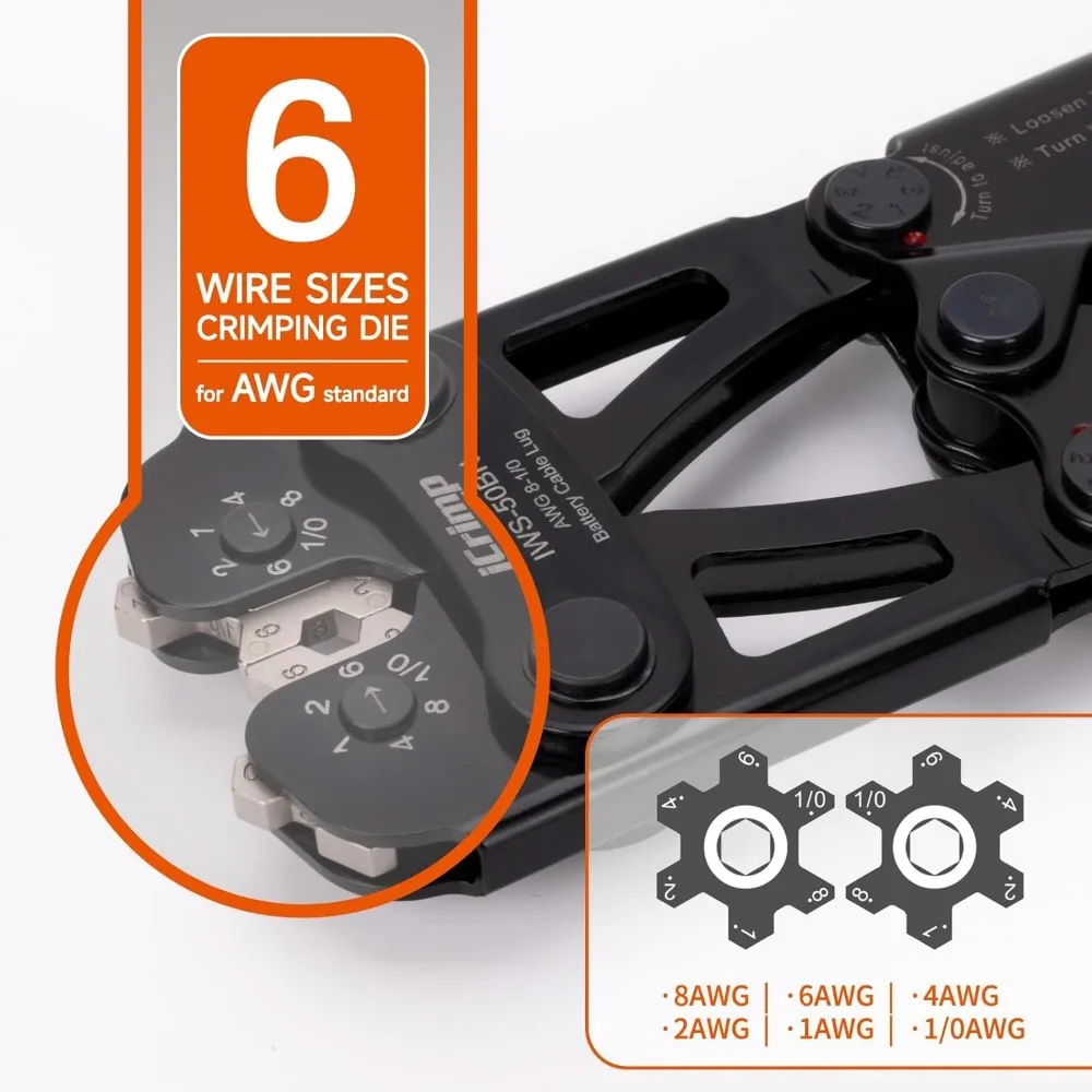 Battery Cable Lug Crimping Tool Kit with Copper Lugs & Heat Shrink Tubes for AWG 8-1/0